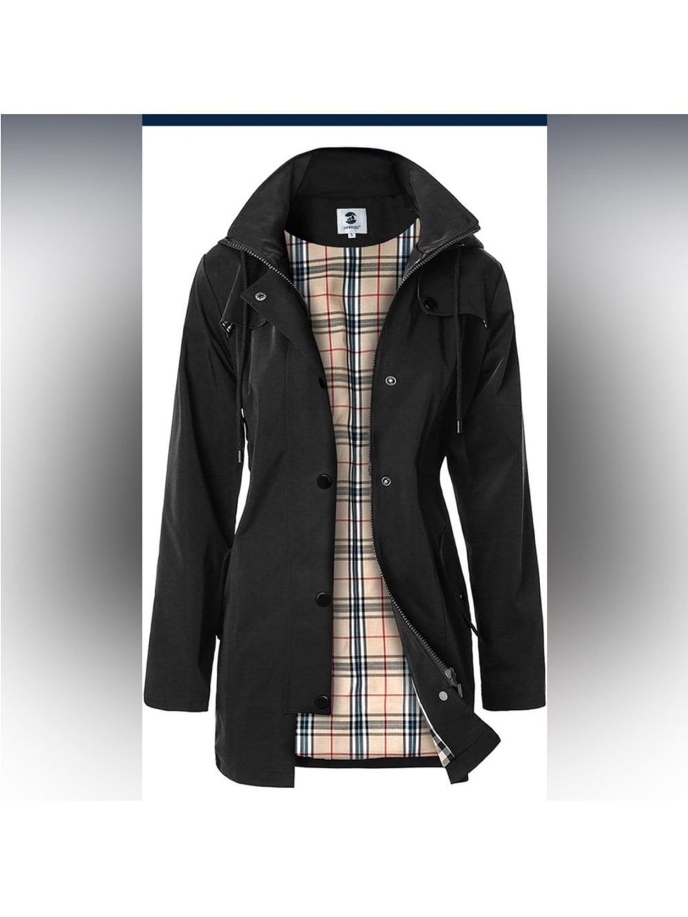 Saphirose Women’s Black Hooded Rain Coat with Plaid Lining Size XL